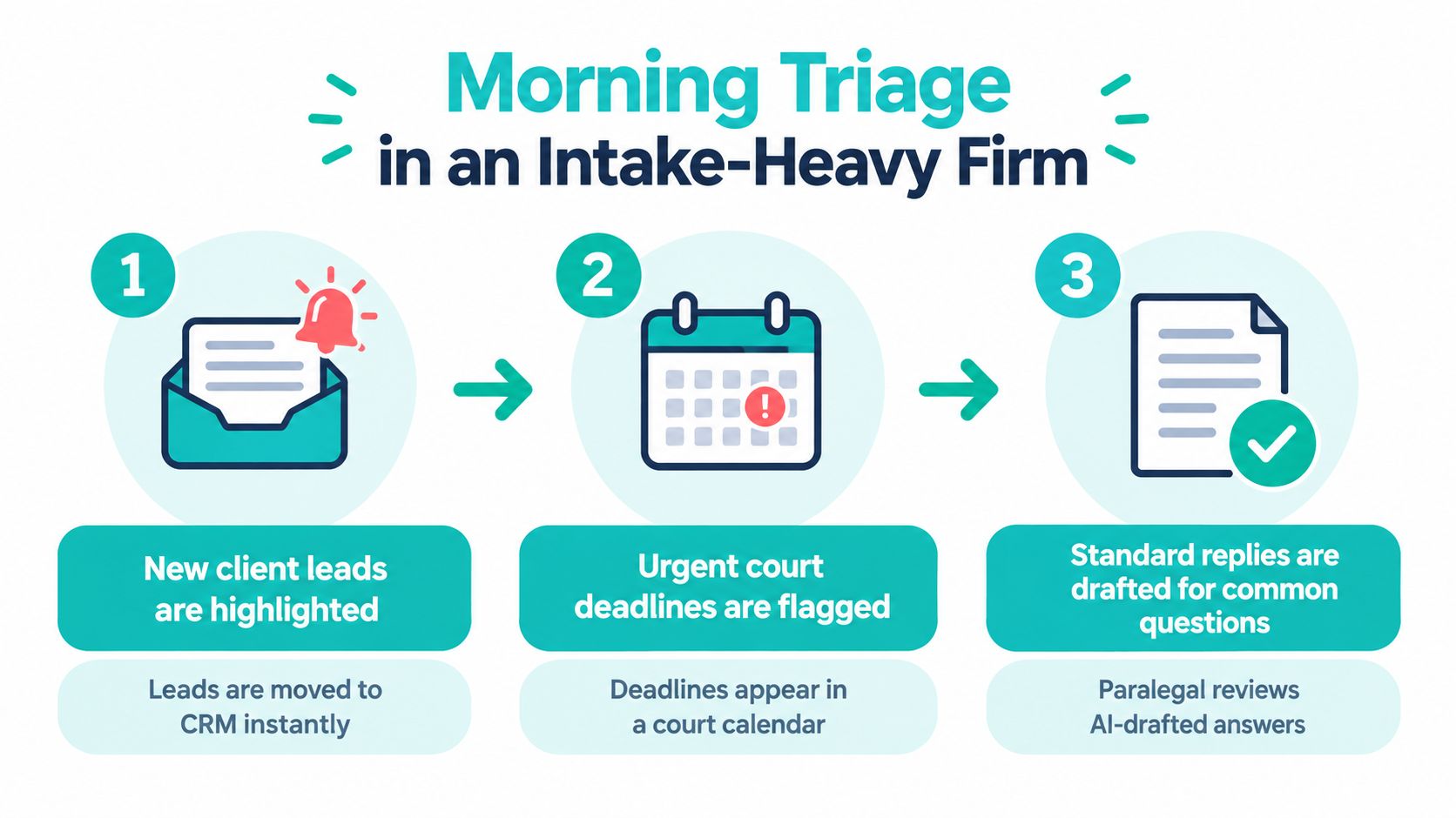 A diagram illustrating a three-step morning triage workflow for a law firm to manage intake tasks.