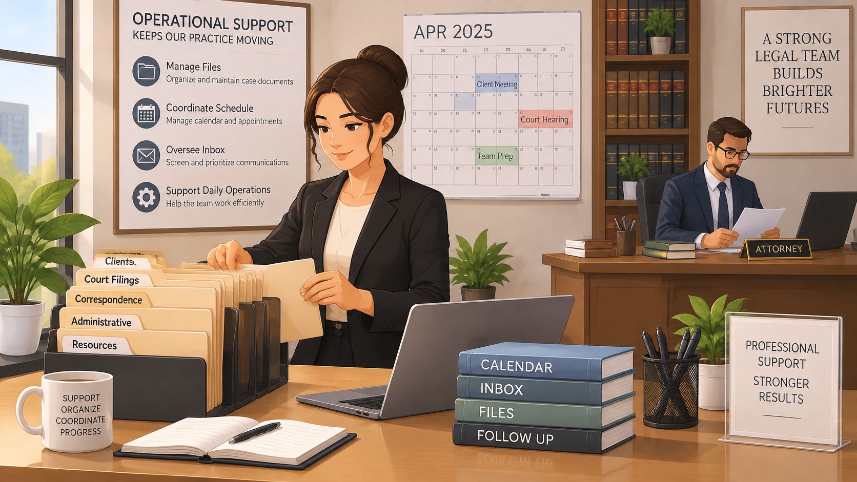 A professional administrative assistant organizing files in a bright, modern law office setting.