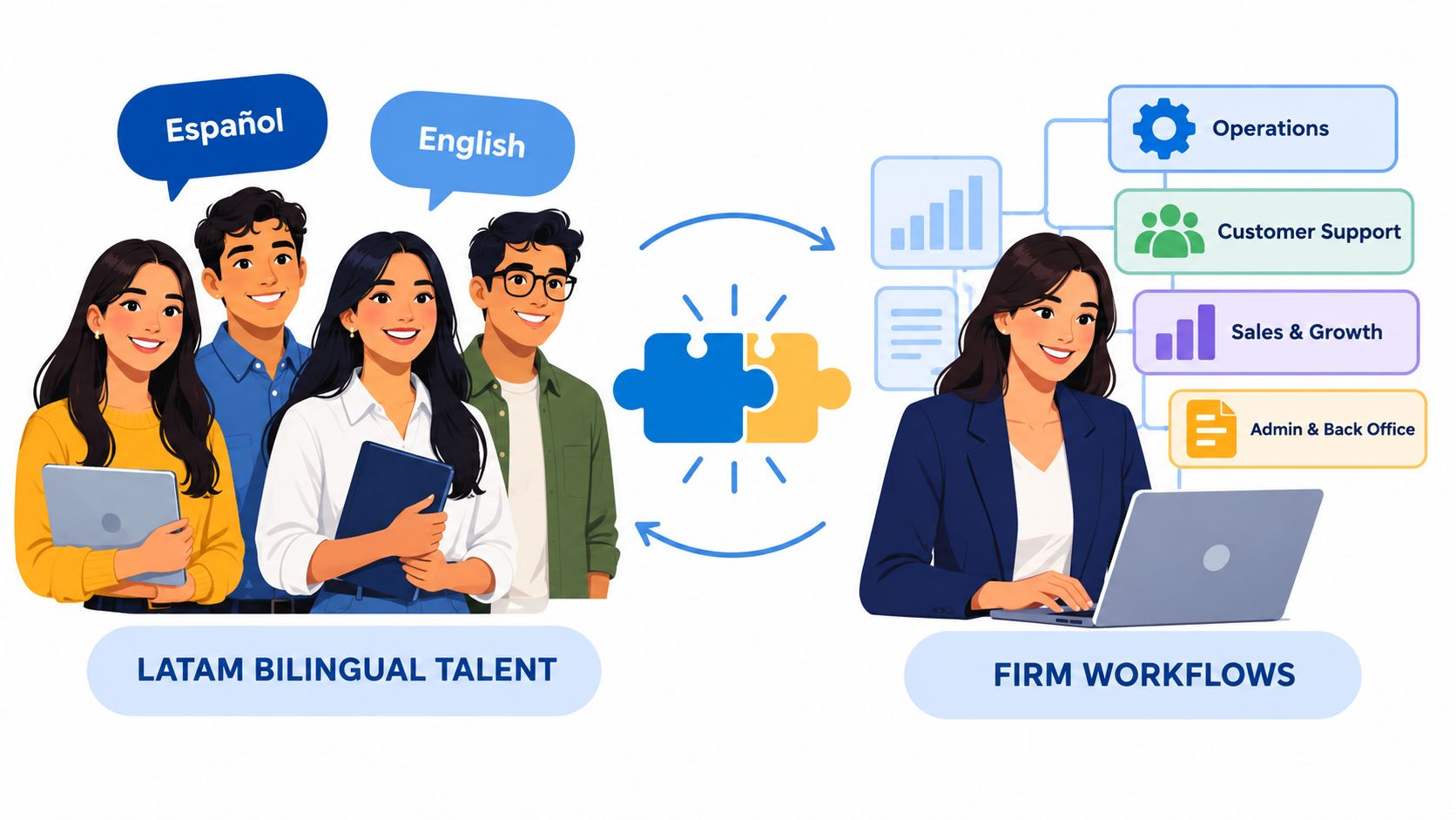 Illustration of bilingual LATAM talent connecting with firm workflows to manage business operations and support functions.