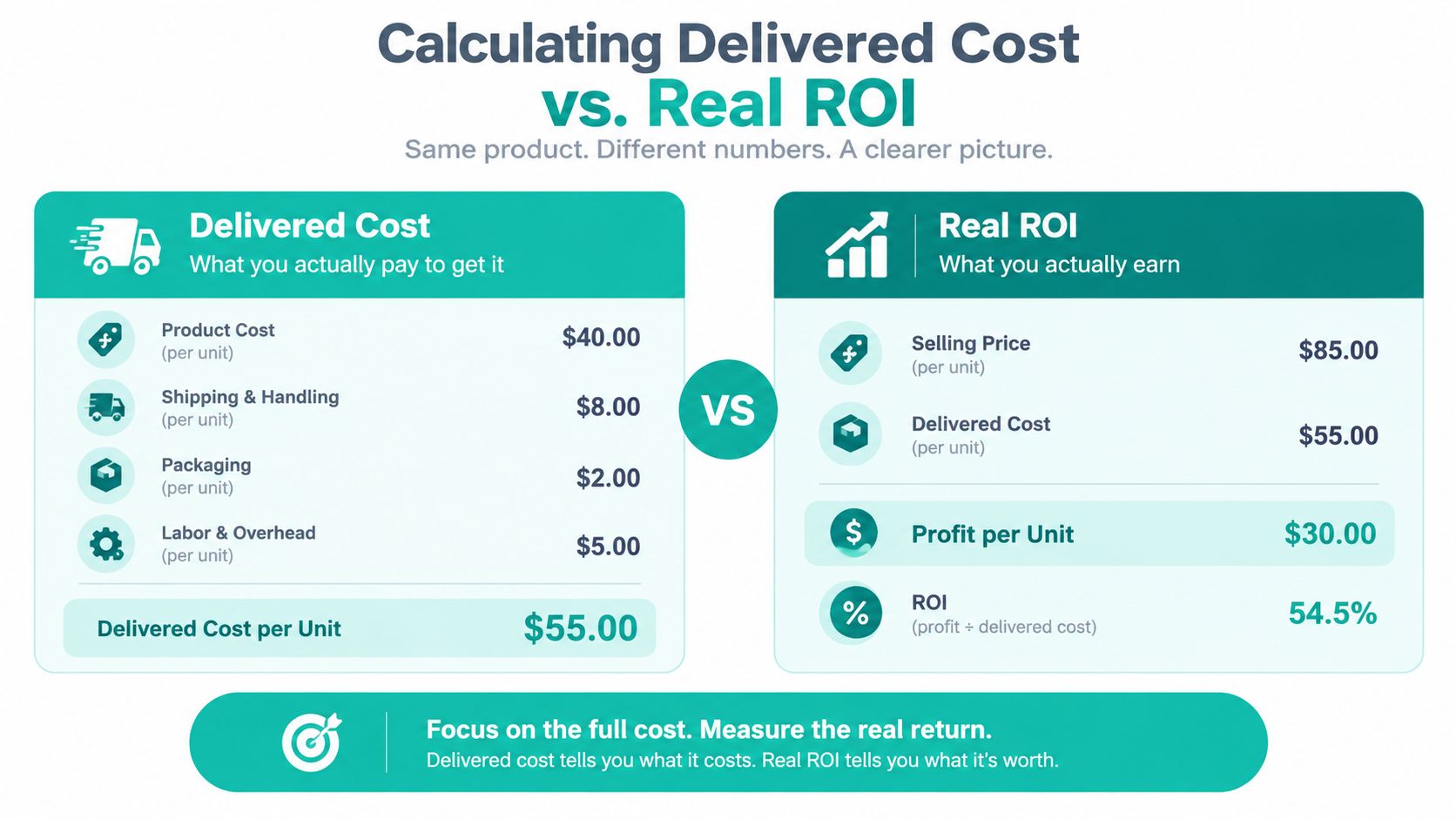 An infographic comparing delivered cost per unit versus real ROI calculation for retail business profitability analysis.