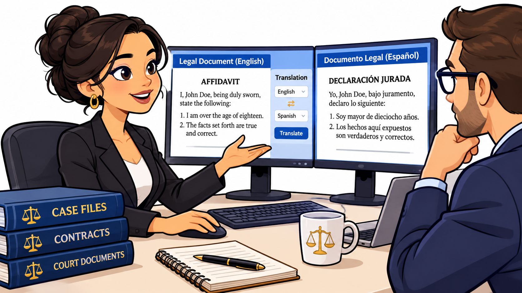 A professional bilingual legal assistant sitting at a desk presenting translated legal documents to a client.