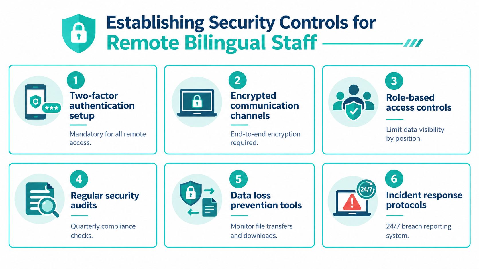 An infographic detailing six essential security controls for remote bilingual staff, including authentication and incident response.