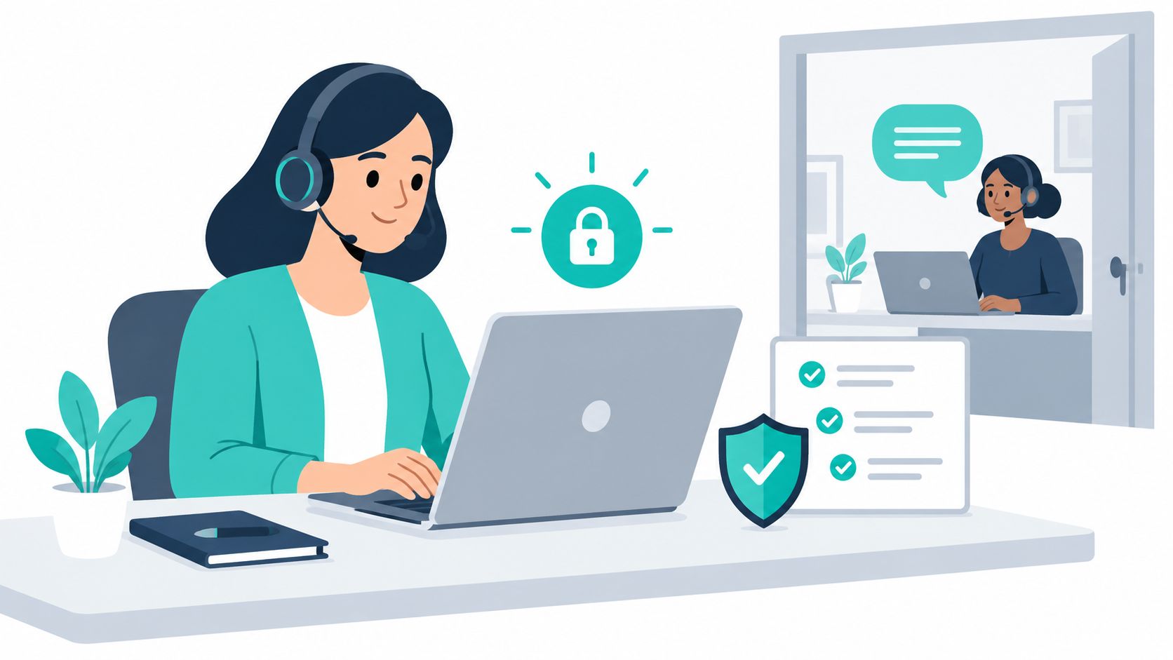 A professional woman wearing a headset working on a laptop with secure data management in a firm.