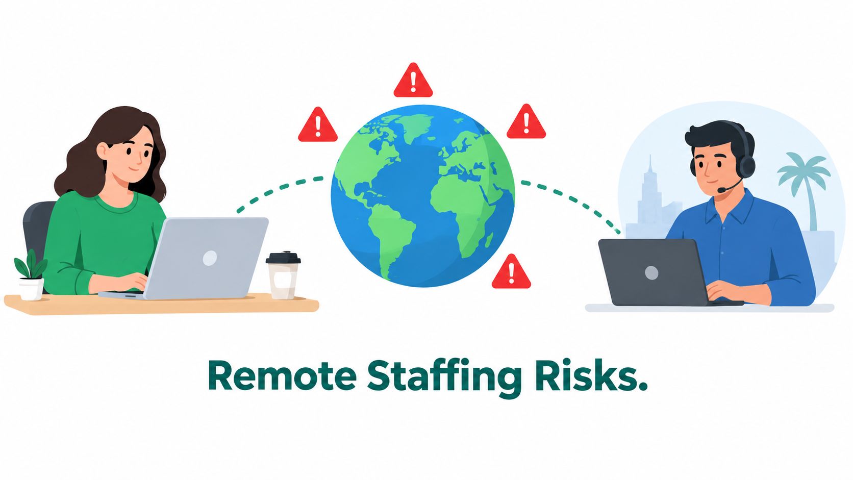 A professional illustration showing a woman and a man working remotely on laptops with global warning symbols.