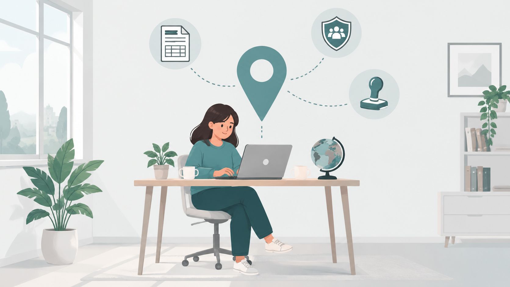 A woman working on a laptop at her desk with digital icons representing global payroll and administrative services.