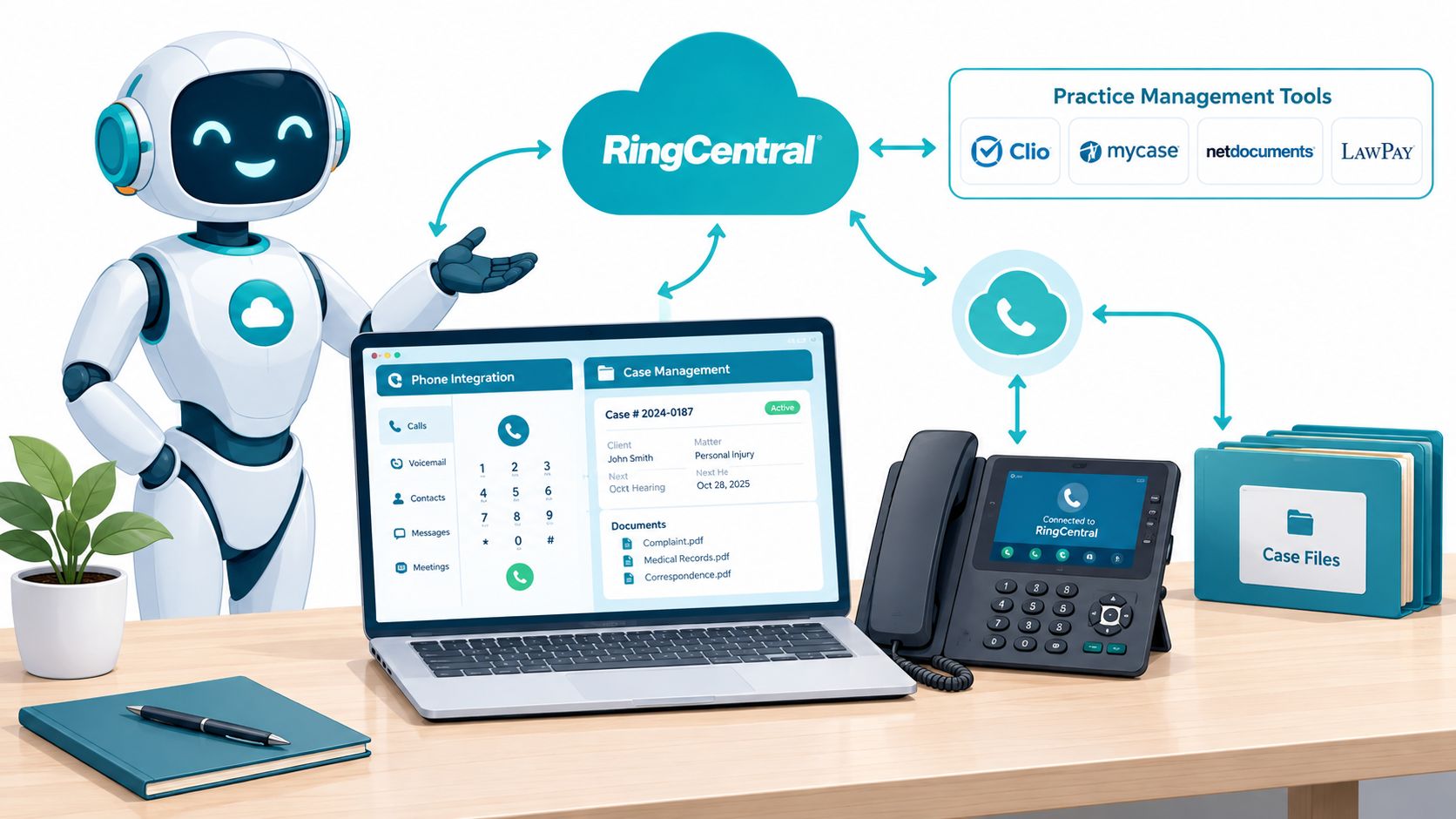 A friendly robot assistant demonstrating RingCentral cloud software integration for law firm case and phone management.