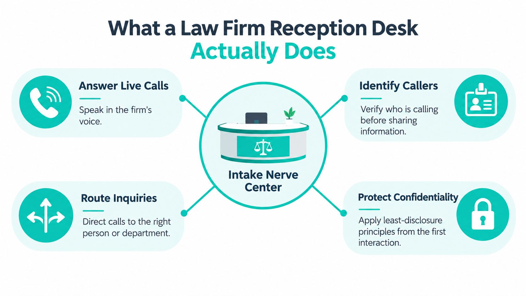 An infographic detailing the four key responsibilities of a law firm reception desk for intake management.