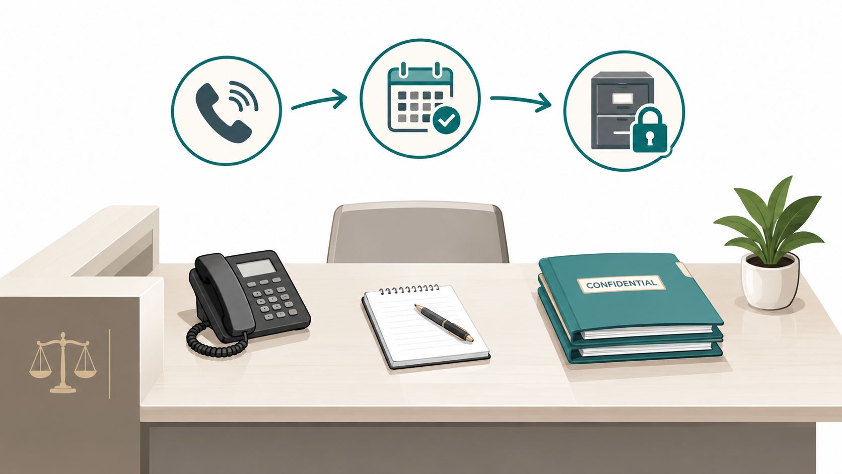A law firm reception desk featuring a phone, notebook, confidential files, and a process flowchart icon above.