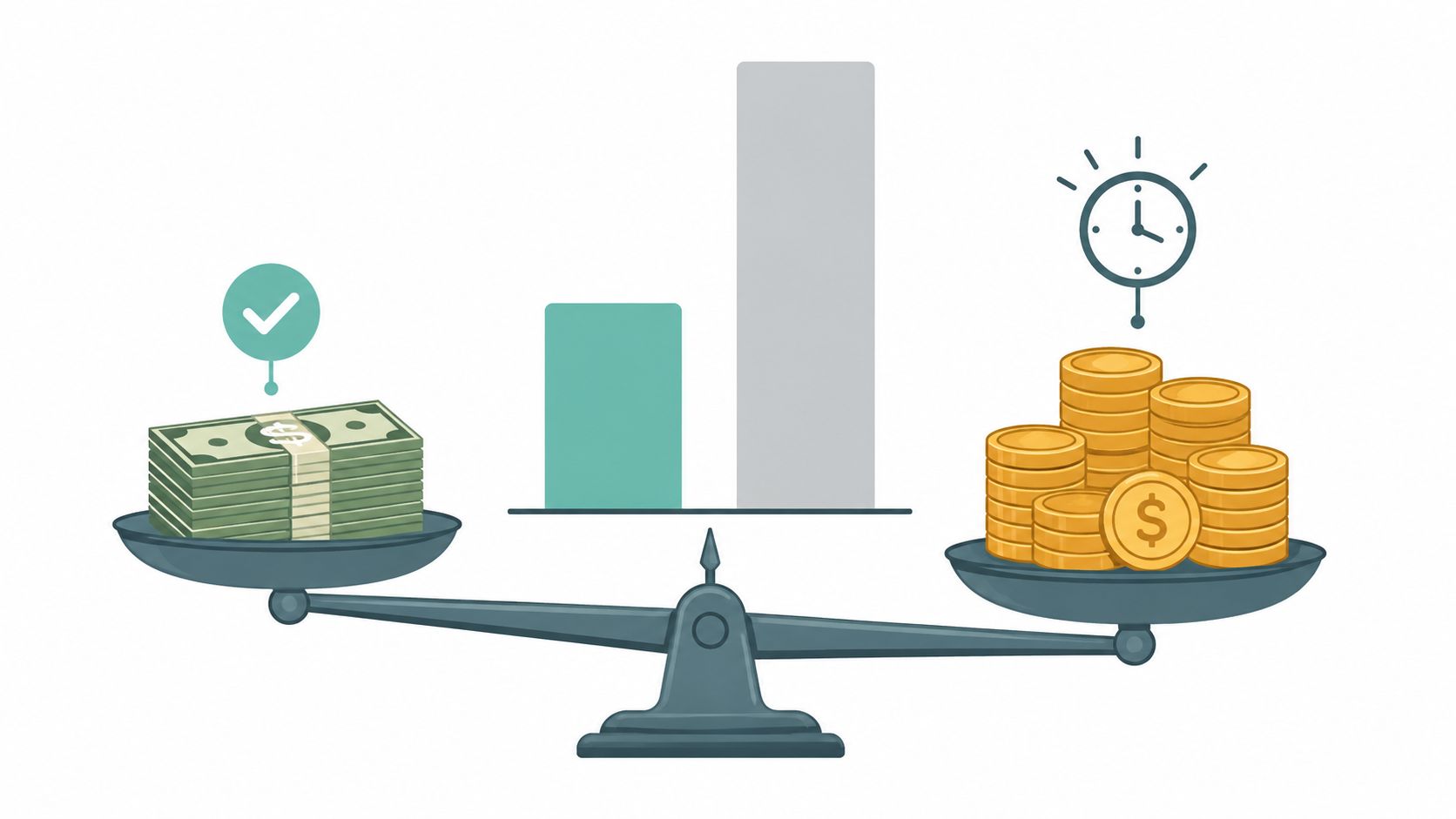 A conceptual illustration of a balance scale comparing paper money on one side with gold coins on the other.