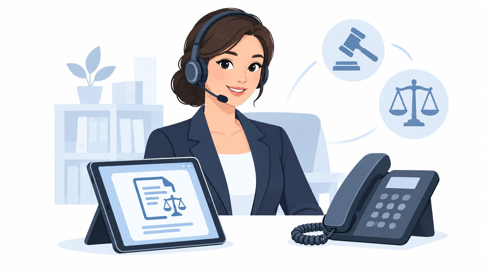 A professional virtual receptionist wearing a headset with legal symbols and office equipment in the background.
