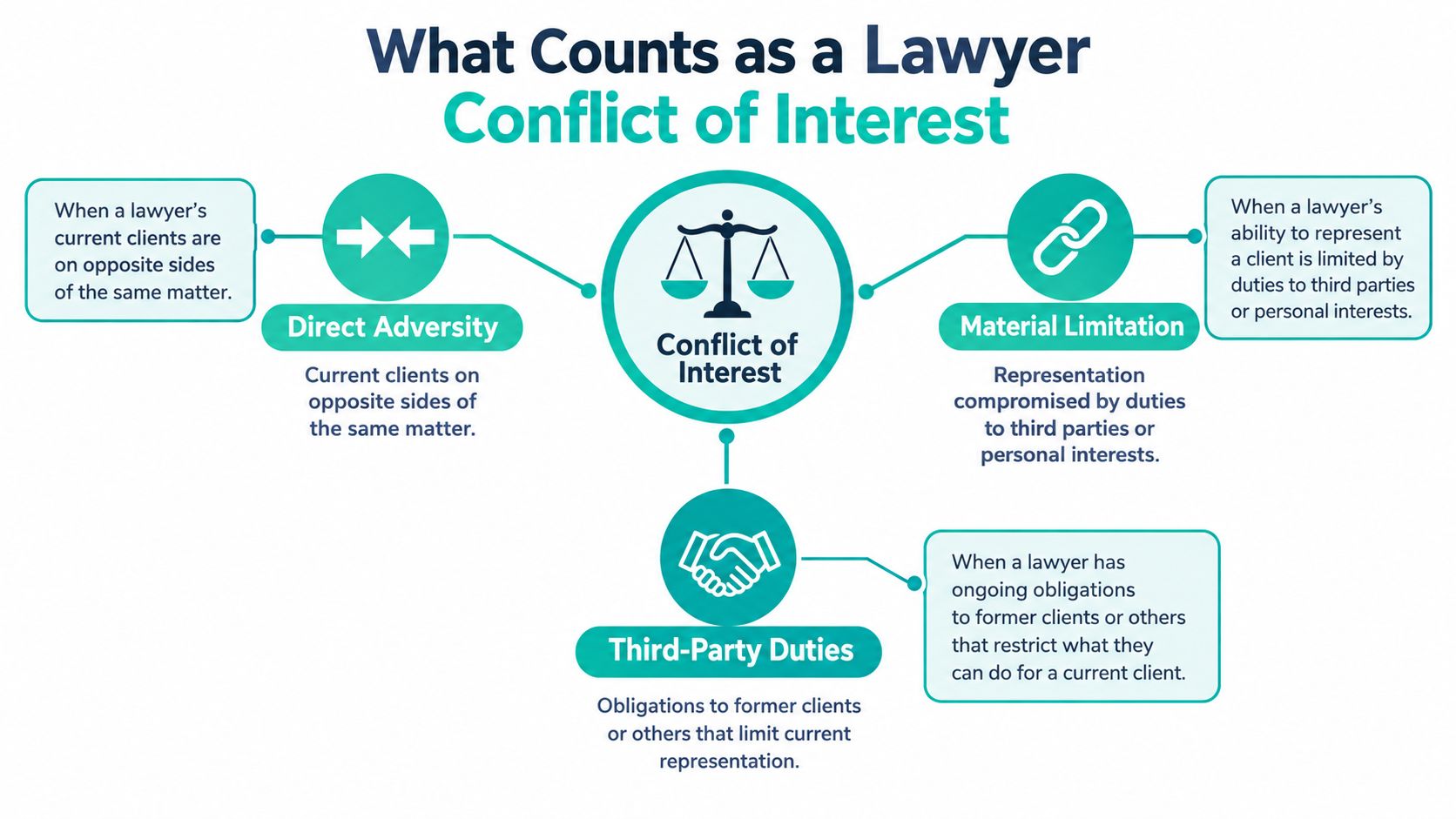 A diagram explaining three main types of lawyer conflict of interest: direct adversity, material limitation, and third-party duties.