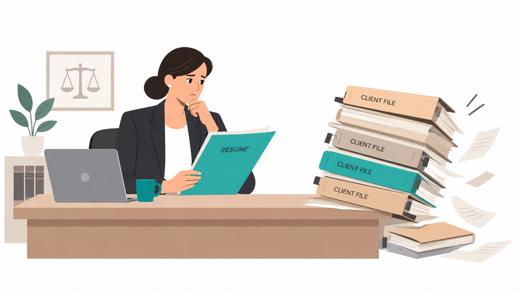 A professional woman at a desk looking stressed at a resume next to stacks of client files.