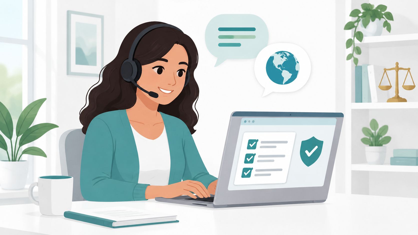 A friendly remote intake specialist with a headset working on a laptop with security icons displayed.