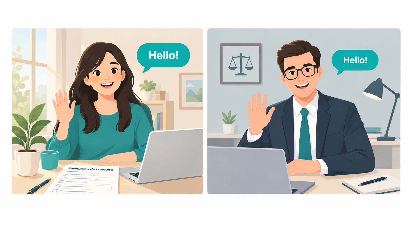 A woman and a lawyer waving during a remote legal consultation via a video conference call.