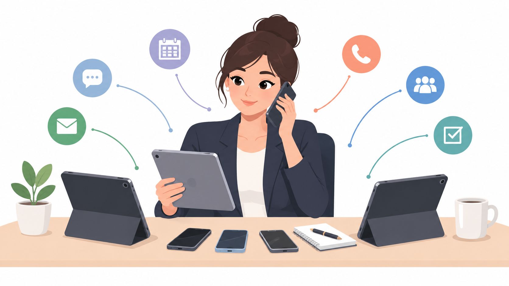 A professional woman multitasking with multiple mobile devices, tablets, and communication icons on her desk.