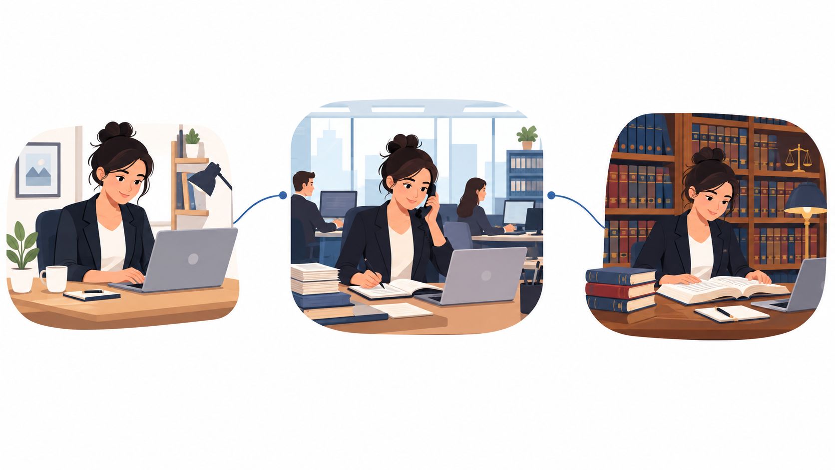 A professional executive assistant working in various office and research settings with a laptop and books.