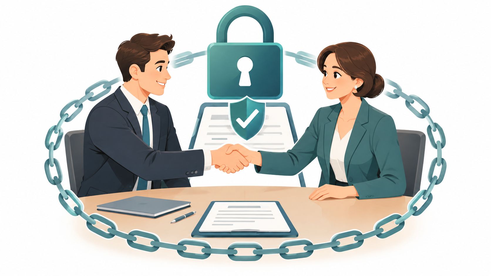 A professional man and woman shaking hands over a business contract with a security padlock and chains.