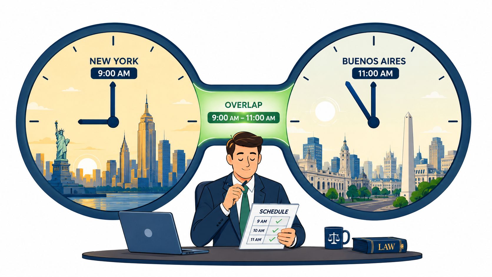 A professional man scheduling meetings across New York and Buenos Aires time zones with a digital overlap.