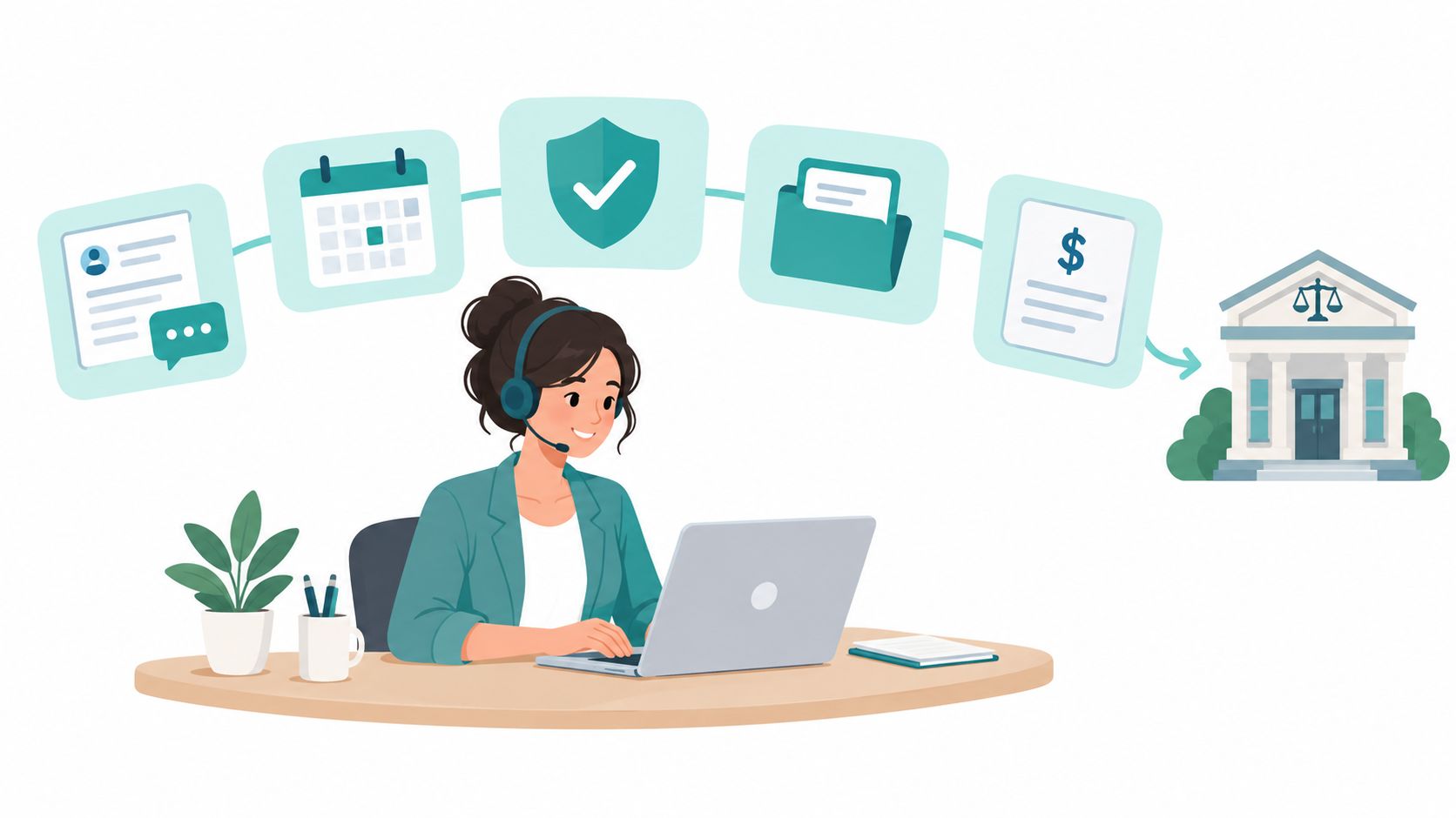 A professional virtual assistant working on a laptop with icons representing a systematic business workflow process.