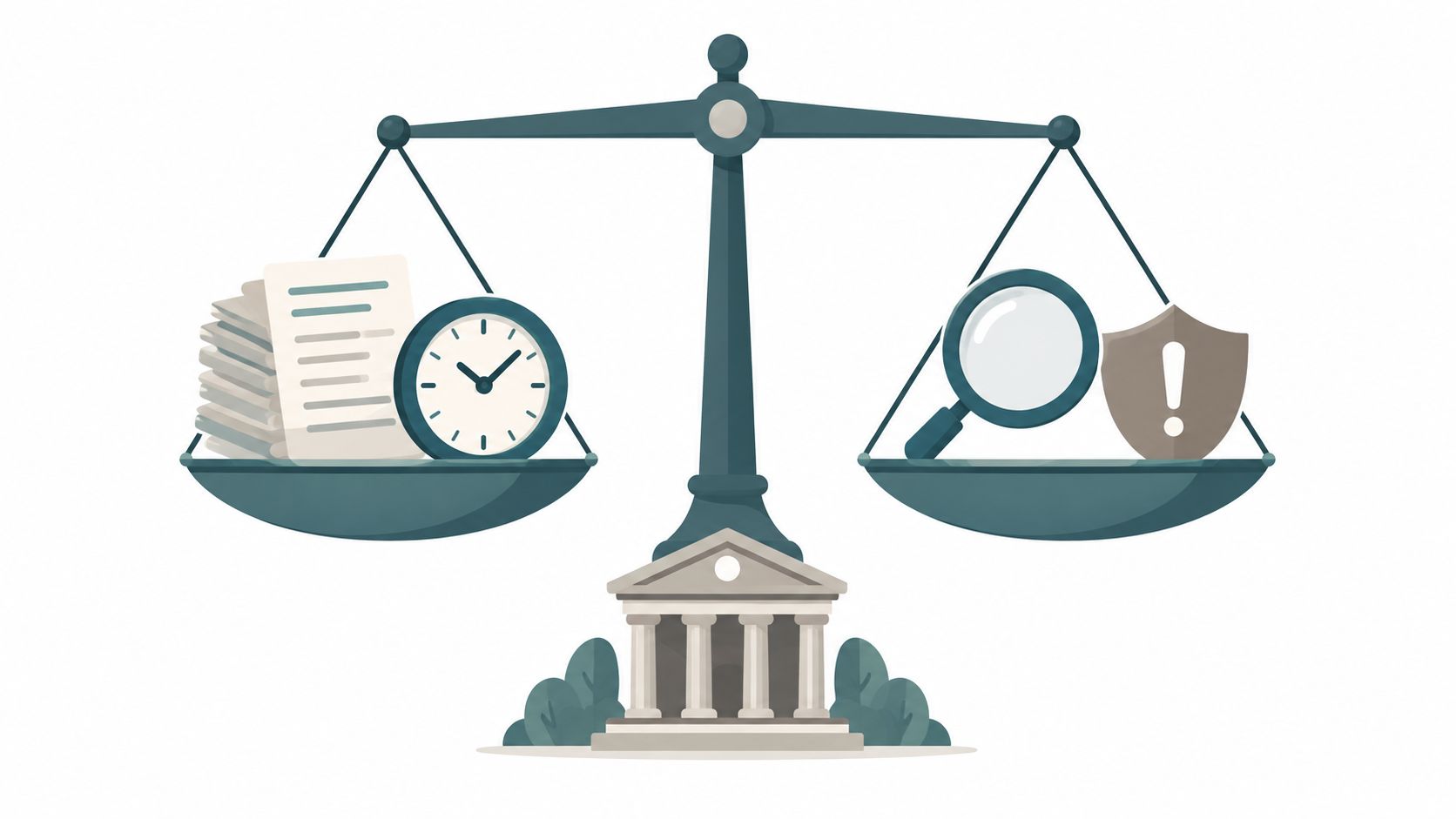 A scale of justice balancing documents and a clock against a magnifying glass and a shield icon.